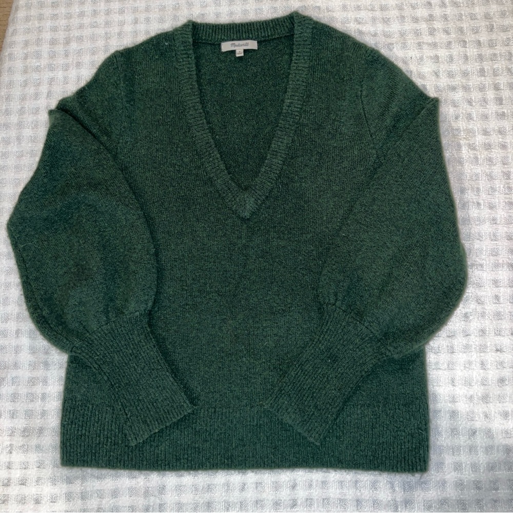 Madewell Cropped V Neck Bubble Sleeve Sweater Green Women's Size S